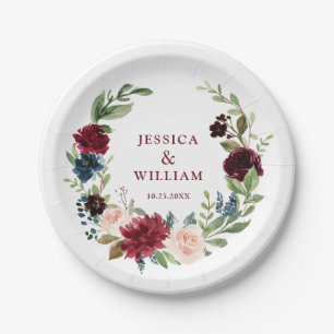 Burgundy Navy Blue Blush Floral Rustic Wedding Paper Plate