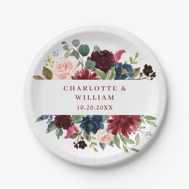 Burgundy Navy Blue Blush Floral Rustic Wedding Paper Plate (Front)
