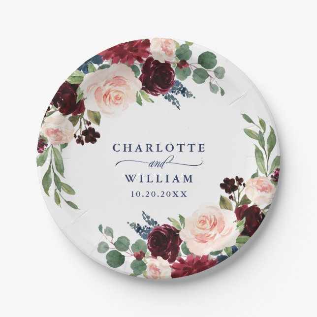 Burgundy Navy Blue Blush Floral Rustic Wedding Paper Plate (Front)