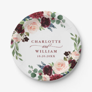 Burgundy Navy Blue Blush Floral Rustic Wedding Paper Plate