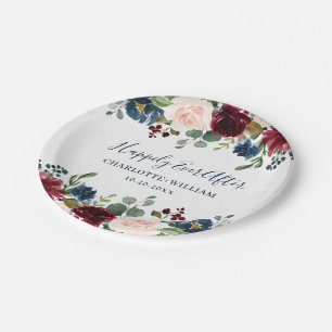 Burgundy Navy Blue Blush Floral Rustic Wedding Paper Plate
