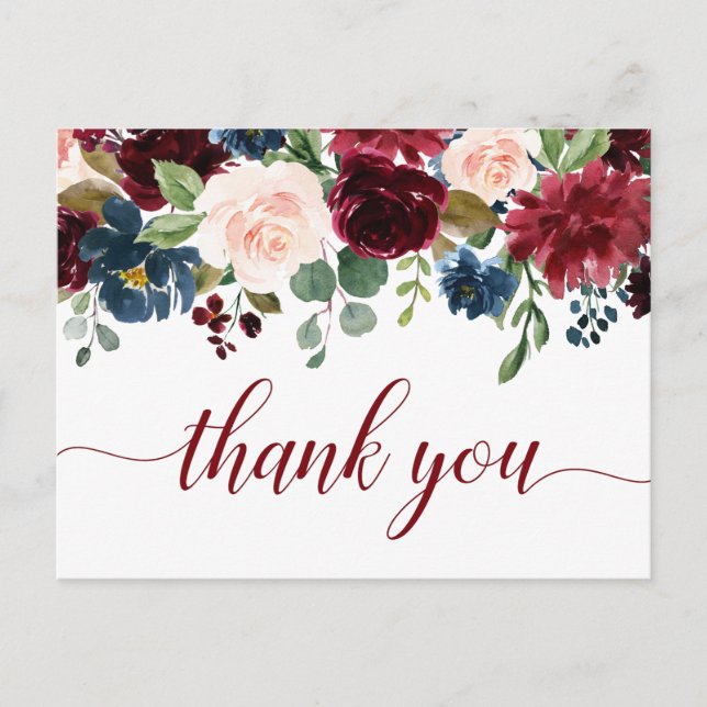 Burgundy Navy Blue Blush Floral Thank You Postcard (Front)