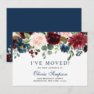 Burgundy Navy Blue Blush Floral Watercolor Moving Announcement