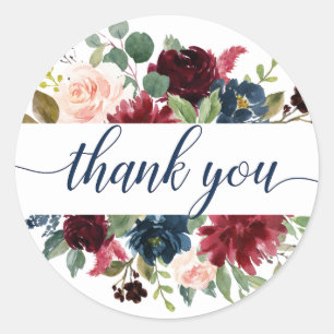 Burgundy Navy Blue Blush Floral Watercolor Wedding Classic Round Sticker