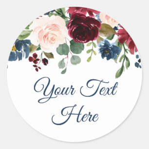 Burgundy Navy Blue Blush Floral Watercolor Wedding Classic Round Sticker