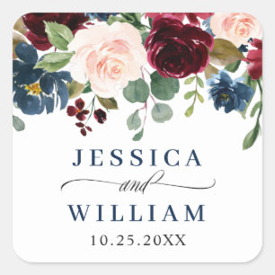 Burgundy Navy Blue Blush Floral Watercolor Wedding Square Sticker
