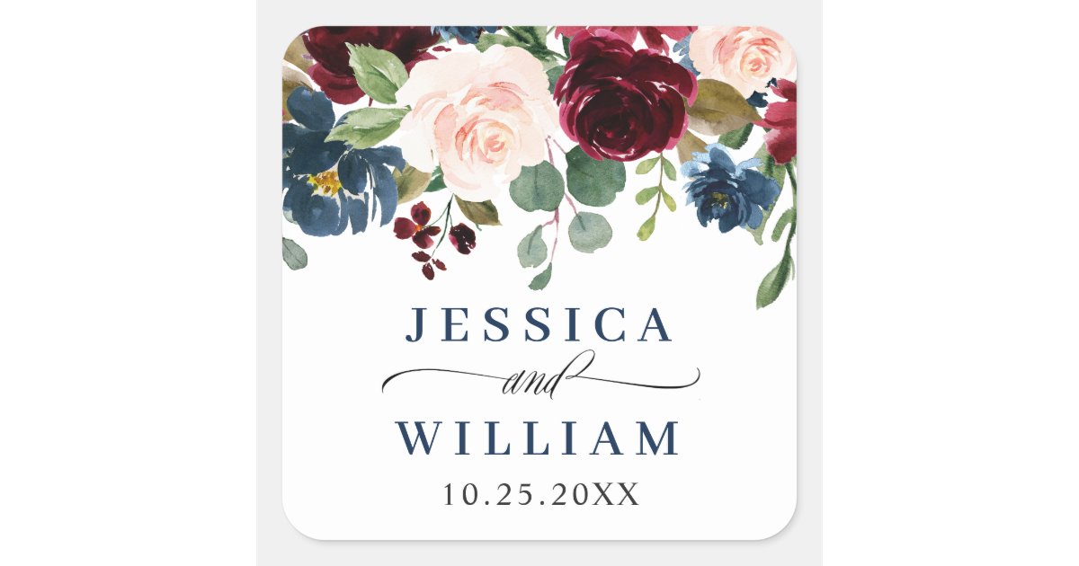 Burgundy Navy Blue Blush Floral Watercolor Wedding Square Sticker | Zazzle