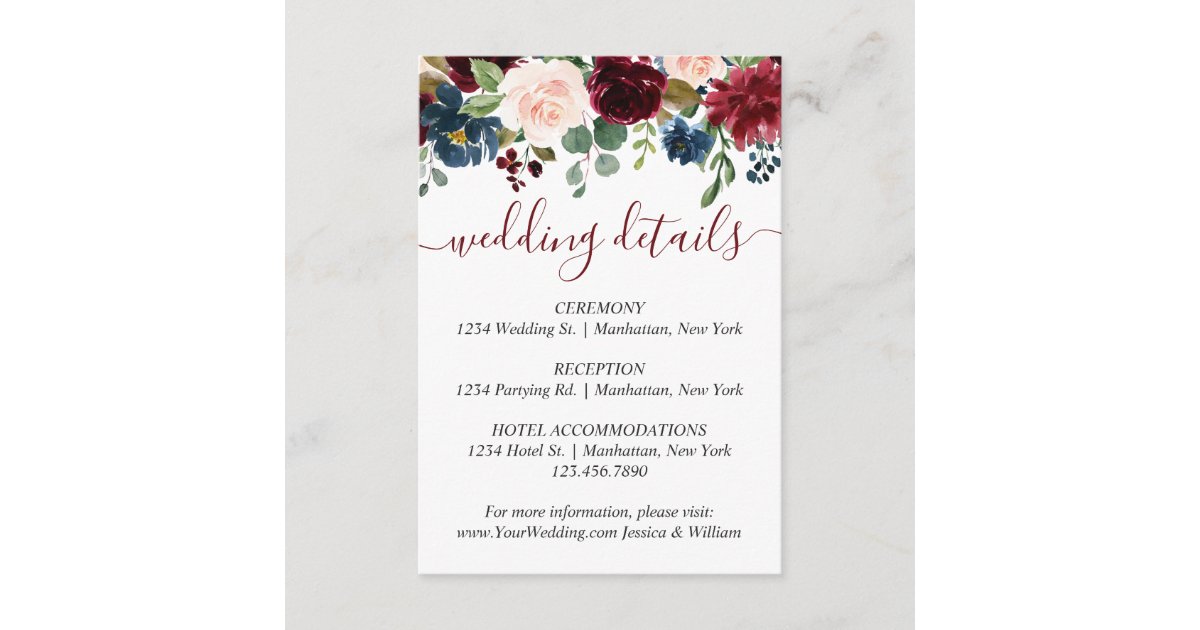 Burgundy Navy Blue Blush Floral Wedding Details Enclosure Card | Zazzle