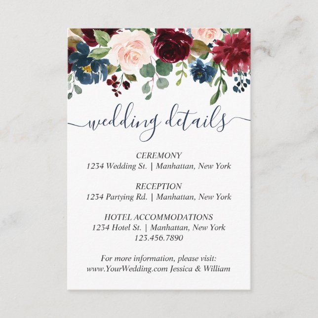 Burgundy Navy Blue Blush Floral Wedding Details Enclosure Card (Front)