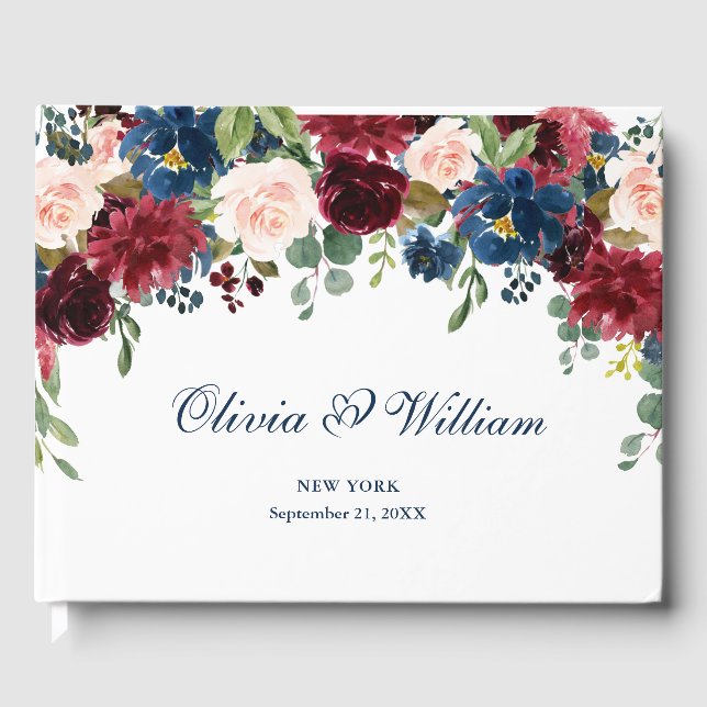 Burgundy Navy Blue Blush Floral Wedding Guest Book (Front)