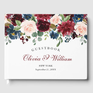Burgundy Navy Blue Blush Floral Wedding Guest Book