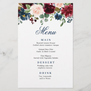 Burgundy Navy Blue Blush Floral Wedding Menu