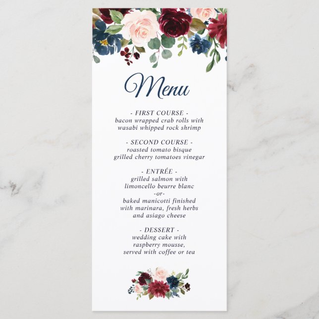 Burgundy Navy Blue Blush Floral Wedding Menu (Front)
