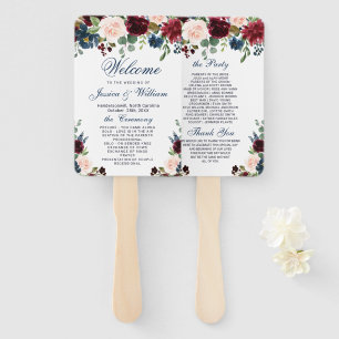 Burgundy Navy Blue Blush Floral Wedding Program Hand Fan