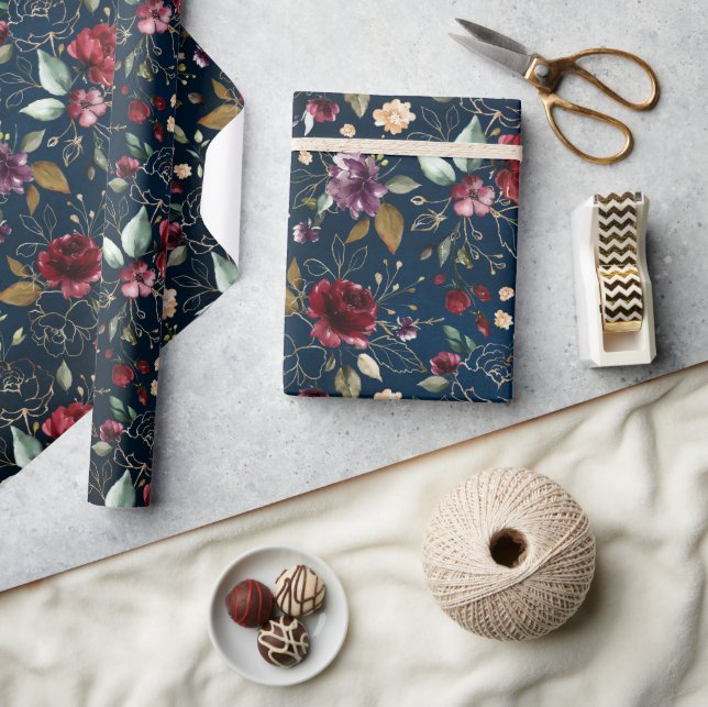 Burgundy Navy Blue Blush Floral wedding Wrapping Paper (Crafts)