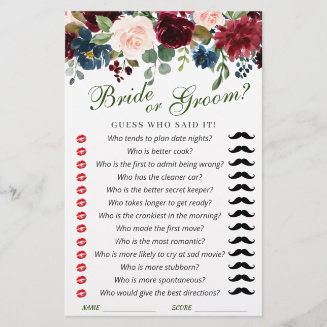 Burgundy Navy Blue Blush Flower Bridal Shower Game (Front)
