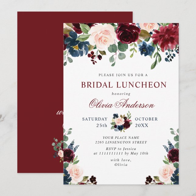 Burgundy Navy Blue Blush Flowers BRIDAL LUNCHEON Invitation (Front/Back)