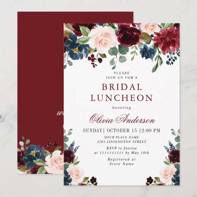 Burgundy Navy Blue Blush Flowers BRIDAL SHOWER Invitation (Front/Back)