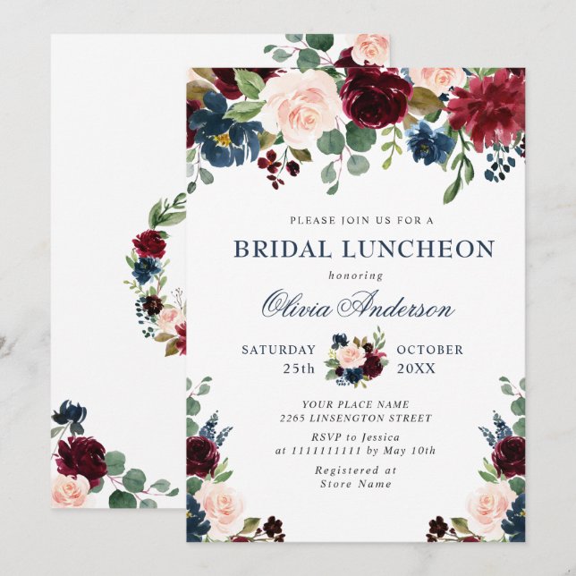 Burgundy Navy Blue Blush Flowers BRIDAL SHOWER Invitation (Front/Back)