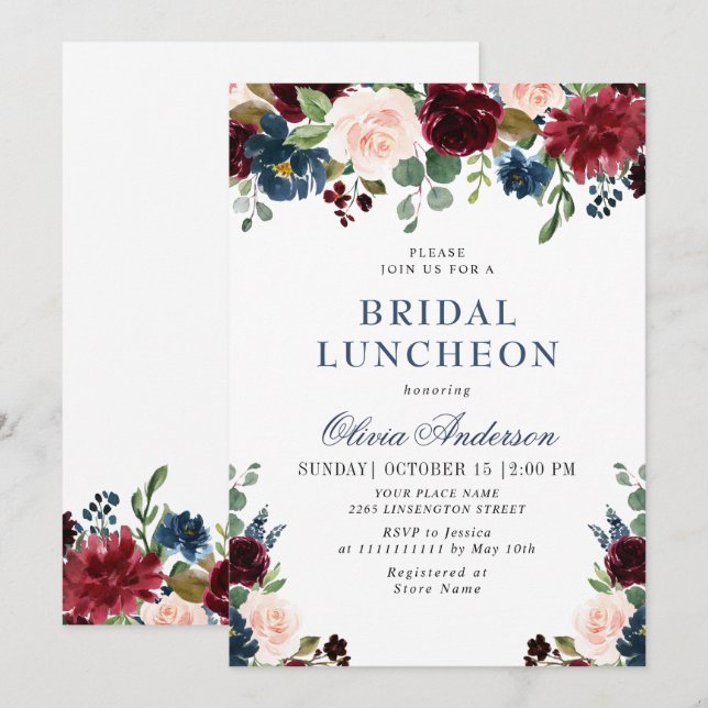 Burgundy Navy Blue Blush Flowers BRIDAL SHOWER Invitation (Front/Back)