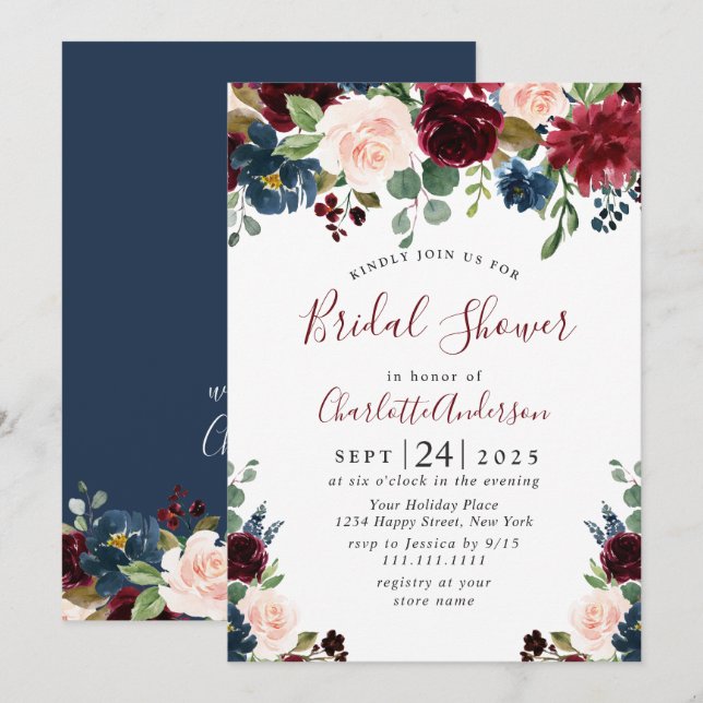 Burgundy Navy Blue Blush Flowers BRIDAL SHOWER Invitation (Front/Back)