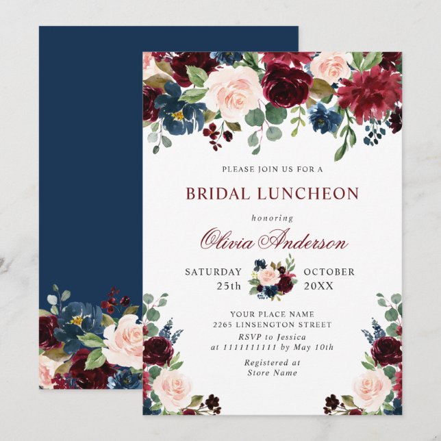 Burgundy Navy Blue Blush Flowers BRIDAL SHOWER Invitation (Front/Back)