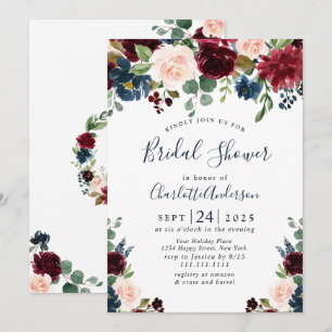 Burgundy Navy Blue Blush Flowers BRIDAL SHOWER Invitation