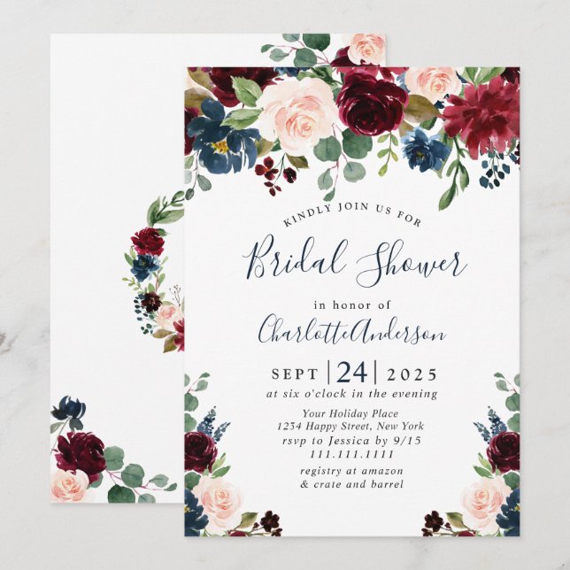 Burgundy Navy Blue Blush Flowers BRIDAL SHOWER Invitation (Front/Back)
