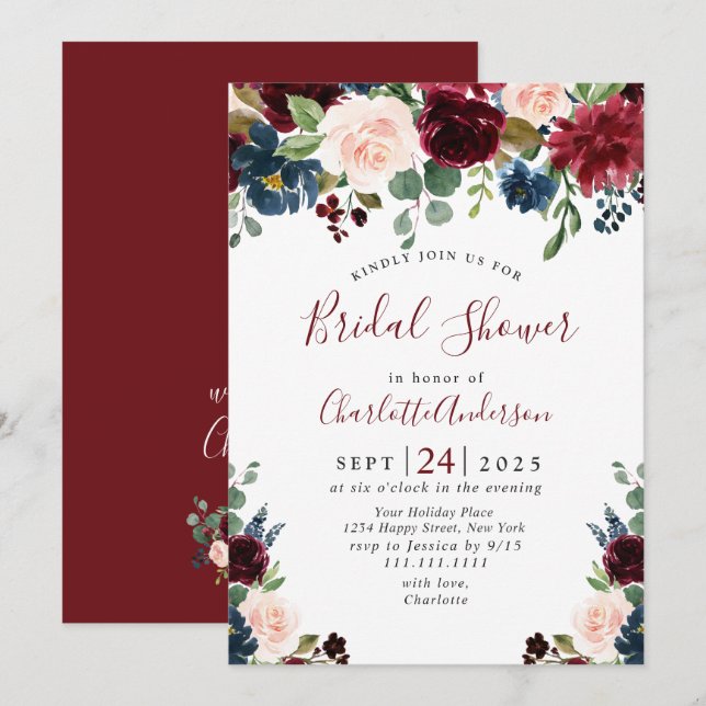 Burgundy Navy Blue Blush Flowers BRIDAL SHOWER Invitation (Front/Back)