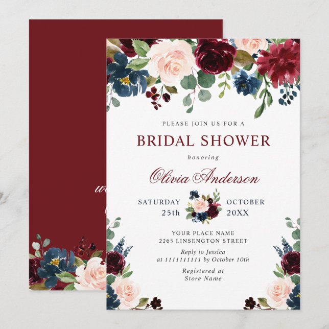 Burgundy Navy Blue Blush Flowers BRIDAL SHOWER Invitation (Front/Back)