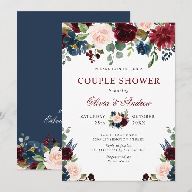 Burgundy Navy Blue Blush Flowers COUPLE SHOWER Invitation (Front/Back)