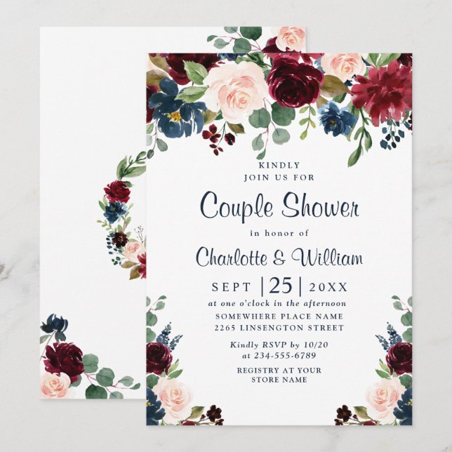 Burgundy Navy Blue Blush Flowers COUPLE SHOWER Invitation (Front/Back)