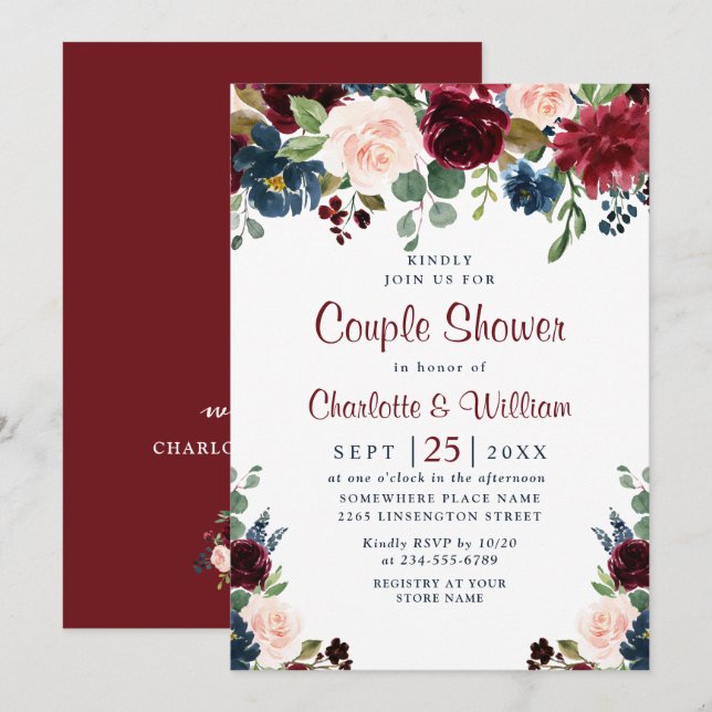 Burgundy Navy Blue Blush Flowers COUPLE SHOWER Invitation (Front/Back)