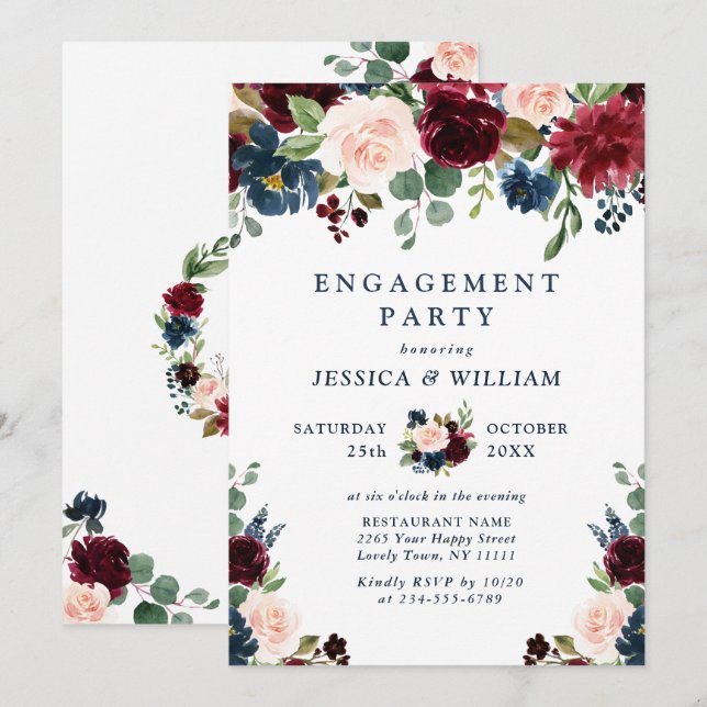 Burgundy Navy Blue Blush Flowers ENGAGEMENT PARTY Invitation (Front/Back)