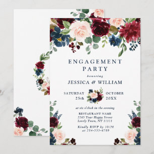 Burgundy Navy Blue Blush Flowers ENGAGEMENT PARTY Invitation