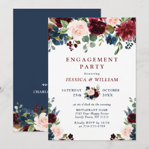 Burgundy Navy Blue Blush Flowers ENGAGEMENT PARTY Invitation