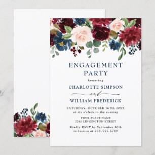 Burgundy Navy Blue Blush Flowers ENGAGEMENT PARTY Invitation