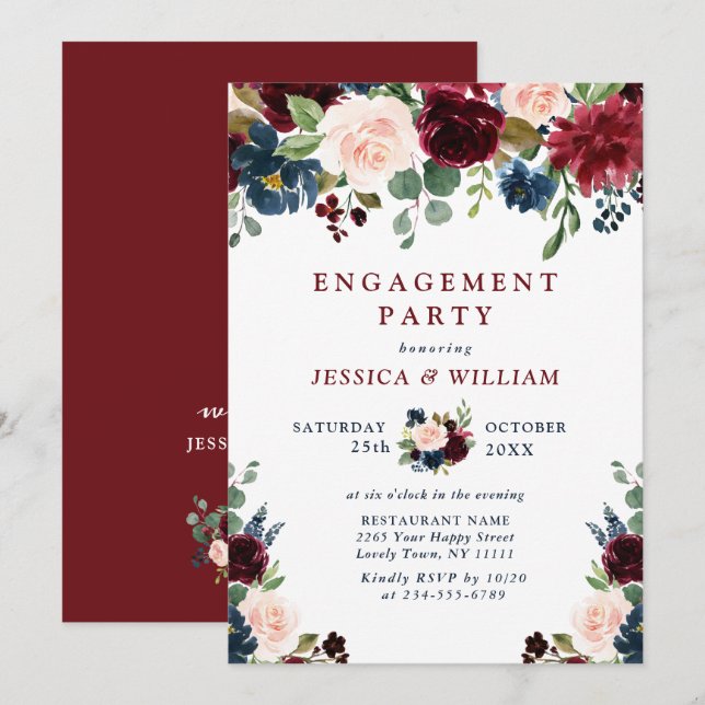 Burgundy Navy Blue Blush Flowers ENGAGEMENT PARTY Invitation (Front/Back)