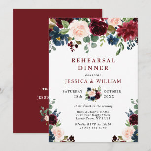 Burgundy Navy Blue Blush Flowers REHEARSAL  DINNER Invitation
