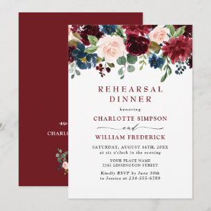 Burgundy Navy Blue Blush Flowers REHEARSAL DINNER Invitation