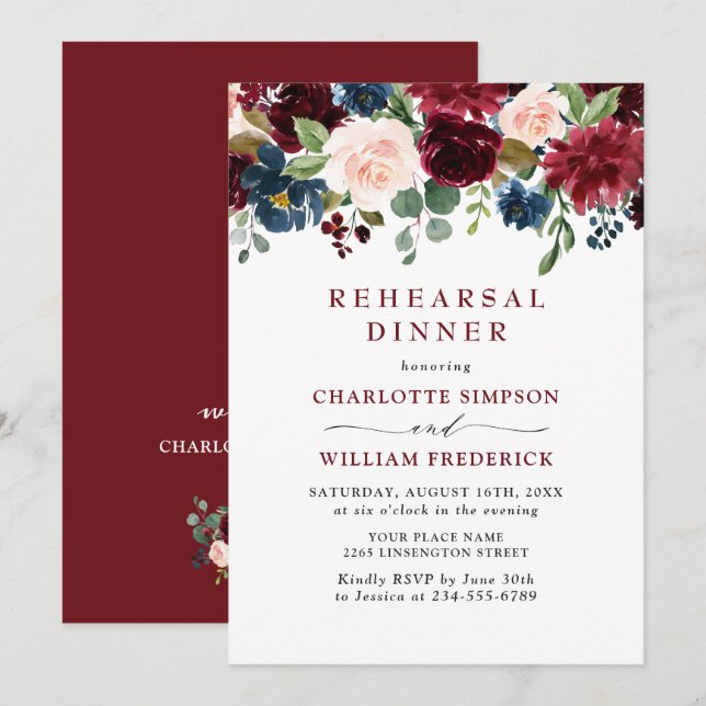 Burgundy Navy Blue Blush Flowers REHEARSAL  DINNER Invitation (Front/Back)