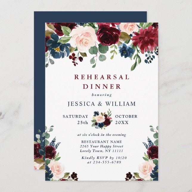 Burgundy Navy Blue Blush Flowers REHEARSAL  DINNER Invitation (Front/Back)