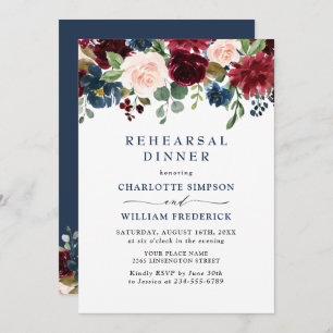Burgundy Navy Blue Blush Flowers REHEARSAL DINNER Invitation