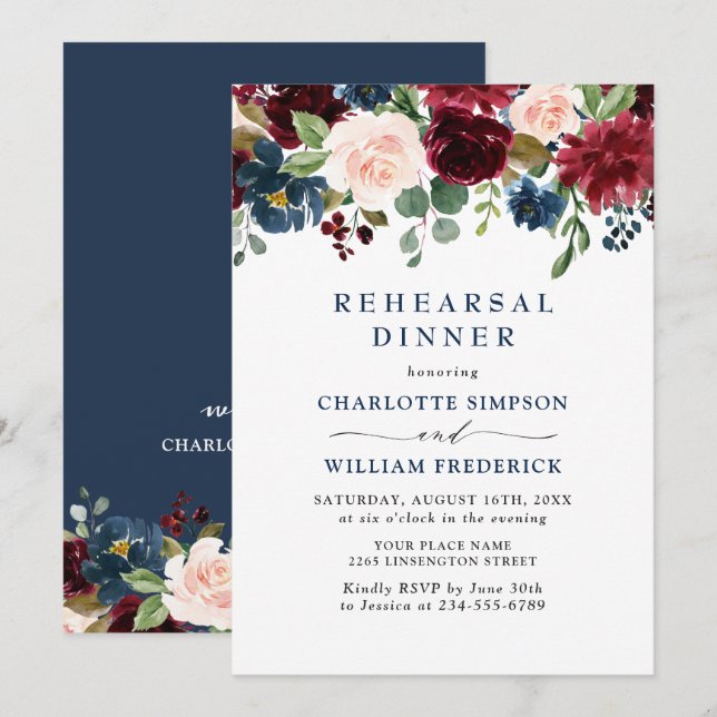 Burgundy Navy Blue Blush Flowers REHEARSAL  DINNER Invitation (Front/Back)