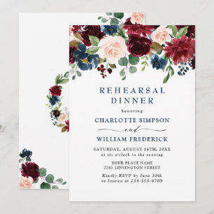 Burgundy Navy Blue Blush Flowers REHEARSAL  DINNER Invitation