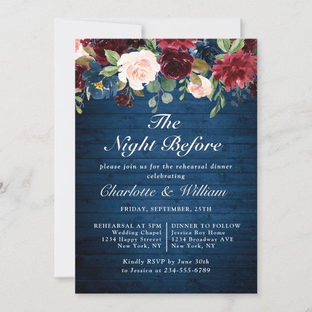 Burgundy Navy Blue Blush Flowers REHEARSAL  DINNER Invitation (Front)