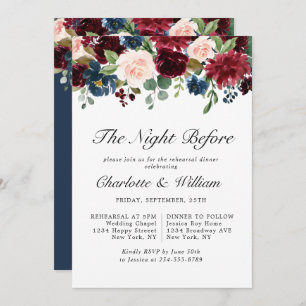 Burgundy Navy Blue Blush Flowers REHEARSAL DINNER Invitation