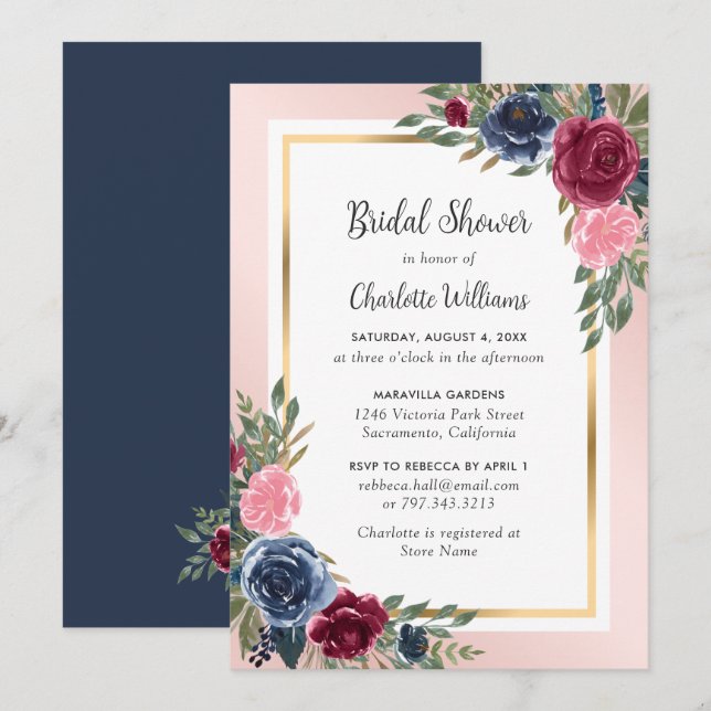Burgundy Navy Blue Blush Gold Floral Bridal Shower Invitation (Front/Back)