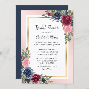 Burgundy Navy Blue Blush Gold Floral Bridal Shower Invitation