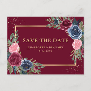 Burgundy Navy Blue Blush Gold Floral Save The Date Announcement Postcard